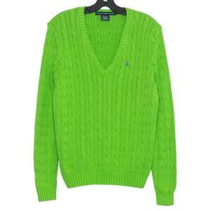 Ralph Lauren Sweater Cable Knit V Neck Preppy Academia Tennis Sporty Green Large